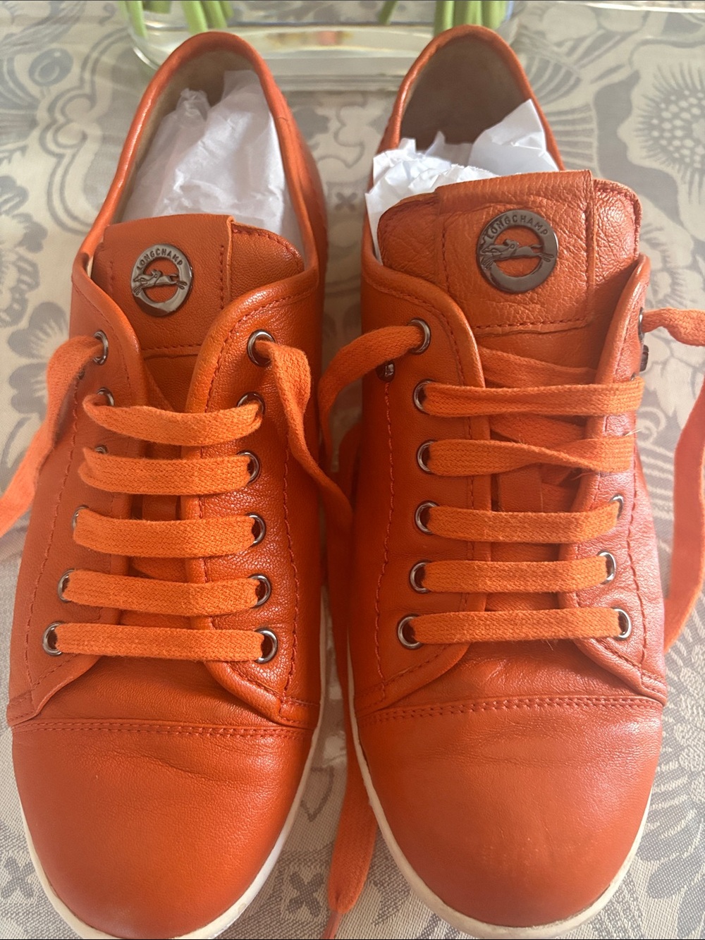Longchamp Orange Leather Low-Top Court Shoe - Picture 2 of 12